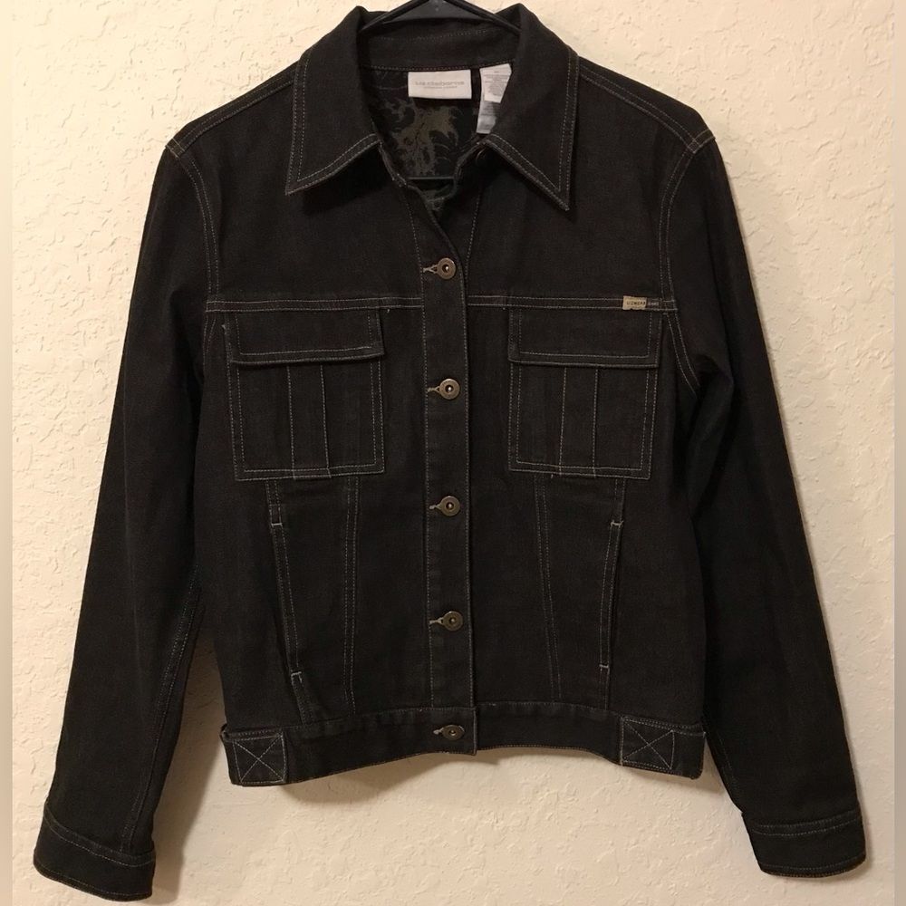 Vintage Y2K Lizwear Jeans Dark Wash Denim Jacket with Damask Print Inside - Picture 1 of 7